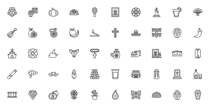 Dia de Muertos icon set. Mexican holiday vector icons pack. Minimalist line art. Includes symbols for skull, marigold, candle, altar, mariachi, guitar, bread of the dead, Catrina, pumpkin and more. Ed