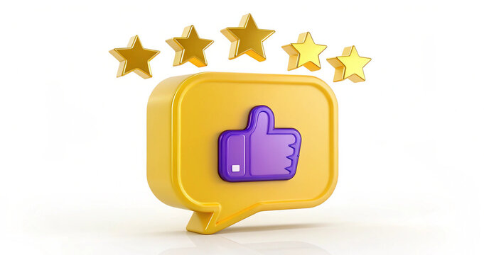 Bright yellow talk bubble with distinct purple like thumb emblem and 5 gold star review graphics for business feedback