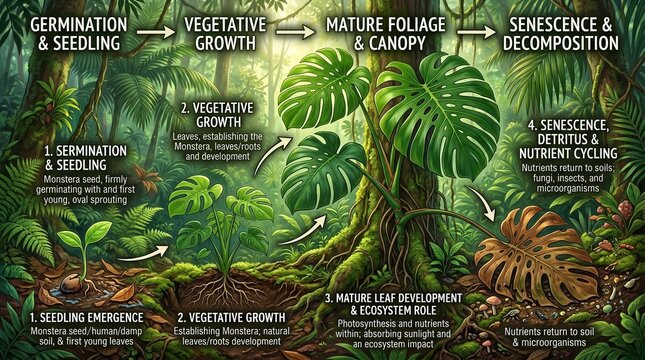 Lifecycle of Tropical Monstera Plant From Early Development to Full Leafage and Natural Decomposition