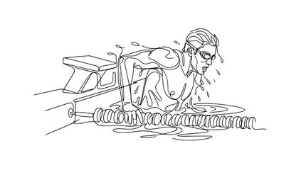 Obraz premium Swimmer emerging from water line art, intense focus, competitive swimming, start block