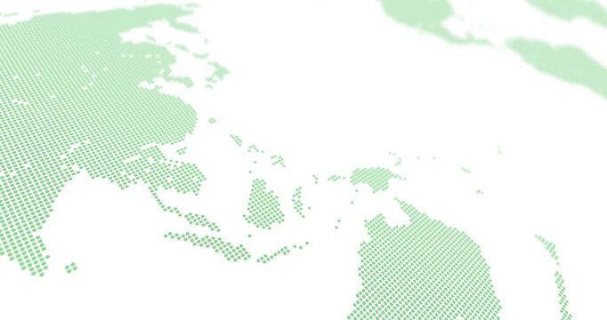 World map design in green created with small dots that move horizontally on a white background with a camera blur effect.