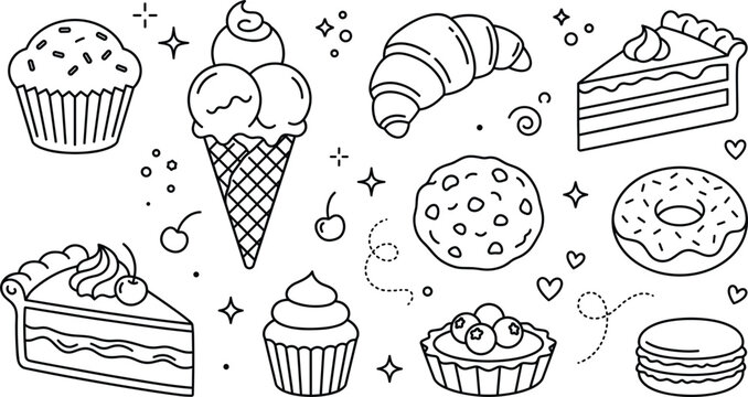 Sweet bakery and dessert line icons set vector illustration including ice cream cupcake cake slice donut macaroon elements