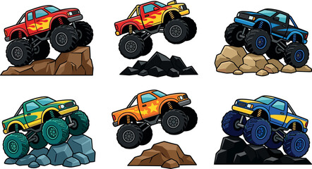 Monster trucks vector illustration collection featuring powerful 4x4 offroad racing vehicles climbing big rocks and crushing stones isolated on white background (21 words) © Vectorfair