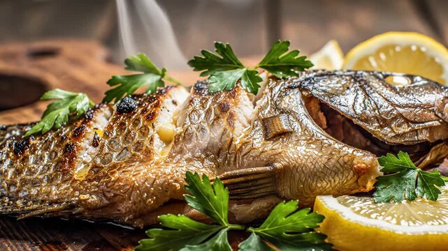 Whole grilled fish with rising steam, garnished with fresh parsley sprigs and lemon wedges on a dark wooden cutting board, featuring sliced sections of white flaky meat and crispy skin.