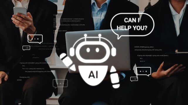 AI chatbot assistance concept with business professionals in formal attire using laptop and tablet in modern office environment, promoting technology solutions Gluon.