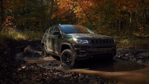 Off-road vehicle navigating dirt amidst nature. 4x4 racing idea. SUV mired in muddy puddle. Crossover tackles challenges on a fall day in the woods.