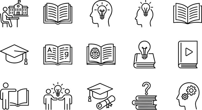 Education and e-learning vector icon set featuring graduation cap books student school building brain storming ideas tutorial video and online study outline elements
