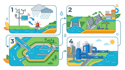 Fototapeta premium Illustrated diagram depicts the four stages of a water cycle from rainfall and collection to treatment and distribution in urban environments, conveying a technical process
