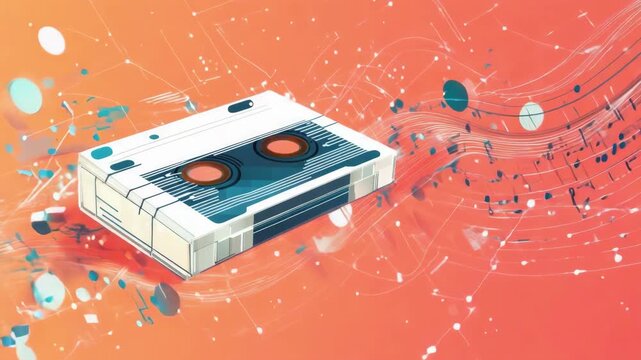 Retro cassette floating amidst musical notes and abstract sound waves