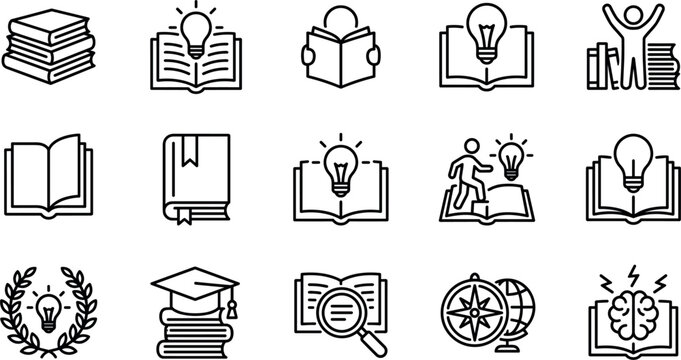 Education and knowledge line icon set featuring books graduation creativity study research smart learning and wisdom vectors