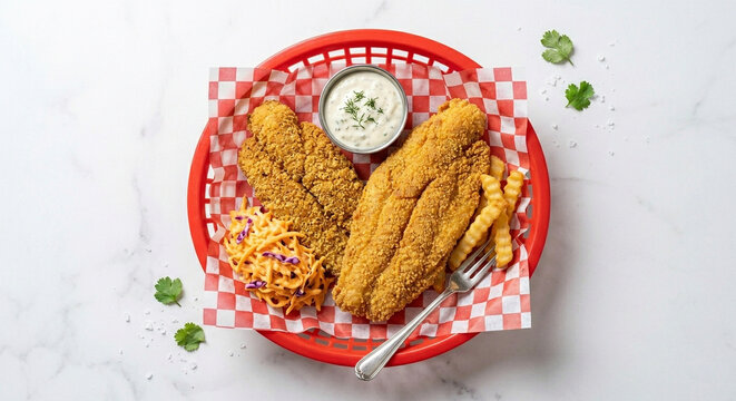 &nbsp;A symmetrical top-down "flat lay" of a basket of Southern fried catfish served on a piece of greaseproof white-and-red checkered deli paper inside a plastic basket. 