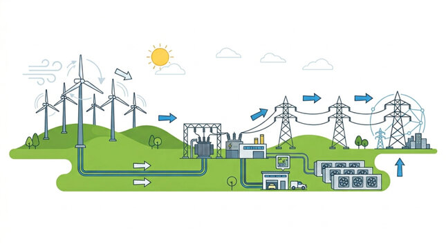 Illustrative diagram depicts a sustainable energy flow from wind turbines on green hills to a power grid with transmission towers and substations against a white background