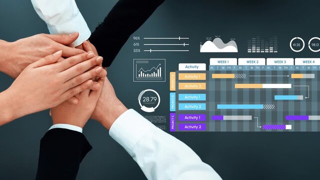 Collaborative Teamwork with Hands Stacked Together on Project Timeline and Performance Metrics in a Professional Setting. Entropy.