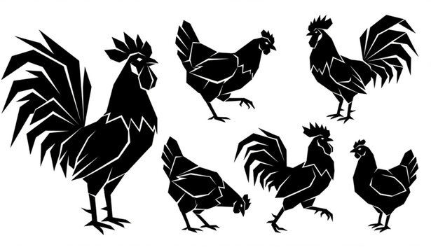 Geometric rooster and hen collection black silhouette farm animal graphics