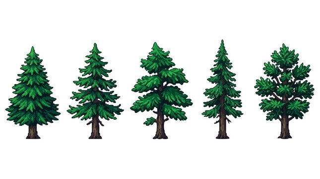 Series of five diverse pine trees illustrating different shapes and growth patterns in nature across varying environmental