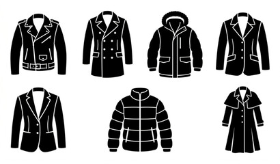 Black silhouette collection of various outerwear styles on hangers © KHATUN