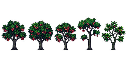 Fototapeta premium Sequence of six stylized fruit trees with vibrant red and green foliage illustrating different growth stages
