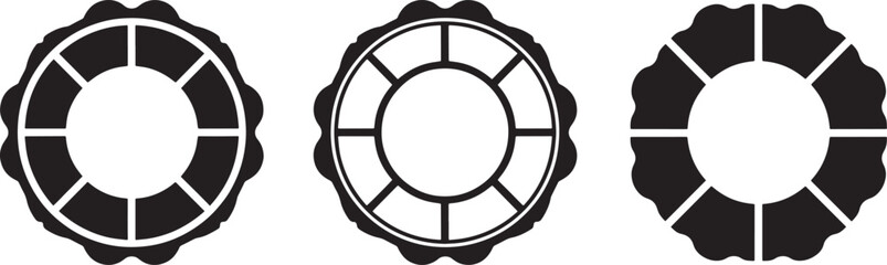 Naklejka premium Nautical lifebuoy ring icons with different segment styles and decorative borders for maritime theme.