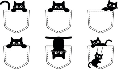 Cute black cat in pocket vector illustration set featuring funny kittens peeking climbing hanging upside down stretching paws inside denim shirt pockets. © MstSumaya