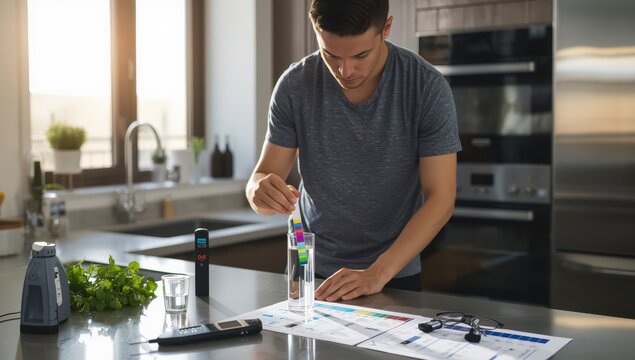 A man checks water safety in the kitchen using a test strip for pH, chlorine, and contaminants.