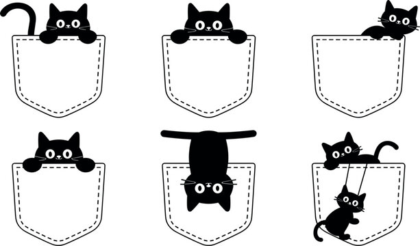 Cute black cat in pocket vector illustration set featuring funny kittens peeking climbing hanging upside down stretching paws inside denim shirt pockets.