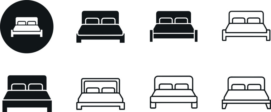 Double bed furniture icon set featuring solid glyph silhouettes and thin line outline styles for bedroom interior and hotel accommodation graphic designs