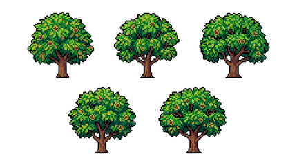 Fototapeta premium Collection of pixel art illustrations depicting various mature green trees with detailed lush foliage and sturdy brown trunks