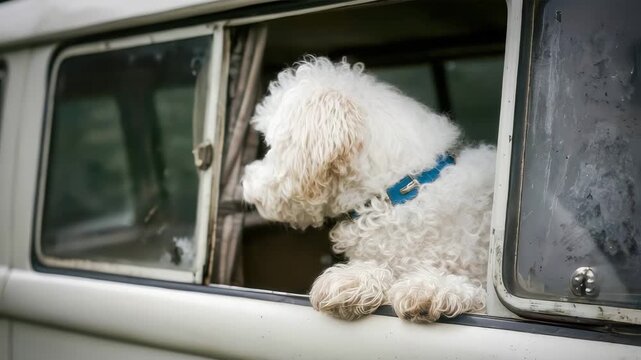 White bichon frise dog looking out of campervan window