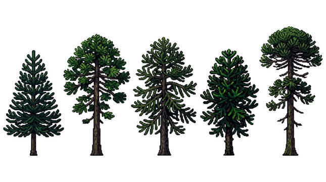 Series of five different pine tree illustrations showcasing various heights and foliage styles in a simple vector design for