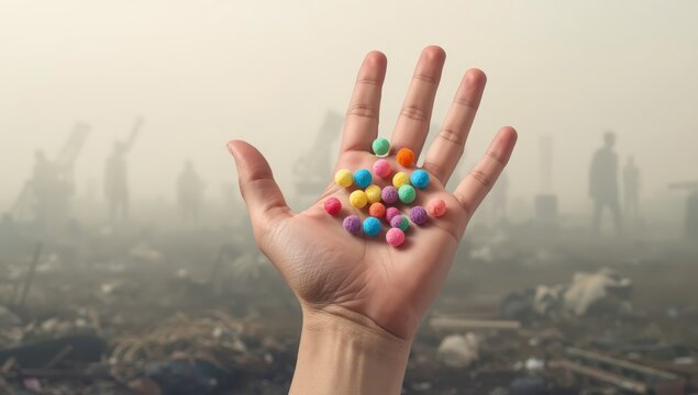 A hand with palm adhered to polystyrene balls. The idea of halting environmental pollution.