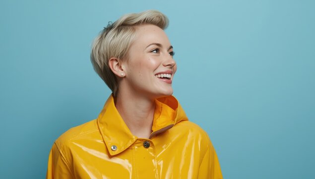 Smiling young blonde woman in a raincoat, gazing to the side against a blue backdrop, exuding confidence.