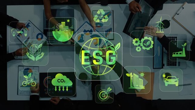 A diverse team collaborates on ESG strategies, surrounded by digital icons representing critical sustainability and governance concepts in a modern office setting. Raster