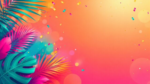 Tropical summer party background with colorful palm leaves and confetti