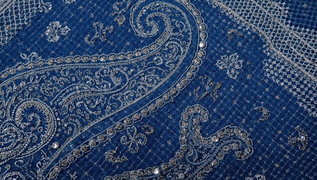 Detailed view of an oversized paisley design adorned with silver thread and sequins, set against a geometric eyelet embroidery backdrop, blending classic and contemporary textile styles.