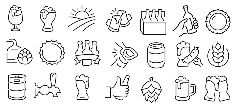 Wine glass, bottle, alcohol, grape, corkscrew, vineyard and barrel editable stroke outline icons set isolated on white background flat vector illustration. Pixel perfect. 64 x 64.