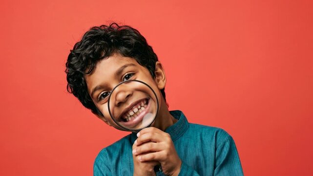 Curious young boy with curly hair examines his teeth with a magnifying glass. A child's face is partially obscured by a magnifying glass with a vivid conceptual studio style and