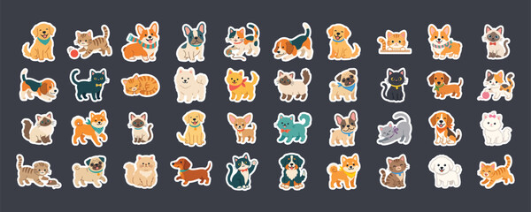 Cute pets collection with various cat and dog breeds as stickers illustration collection assortment elements friendship domestic colorful isolated character © Star_Pixels11