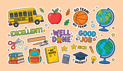 Back to school education items and classroom supplies sticker set with well done good job education supplies stickers classroom learning backpack academic university © Star_Pixels11