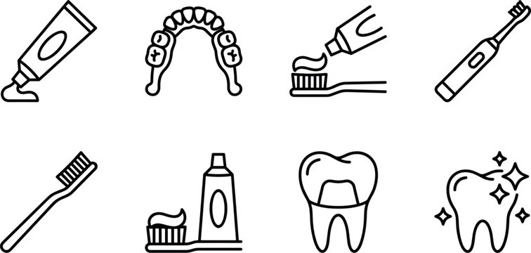 Dental care and oral hygiene line icon set featuring toothpaste tubes toothbrushes dental crowns electric toothbrushes orthodontic braces and shiny healthy teeth