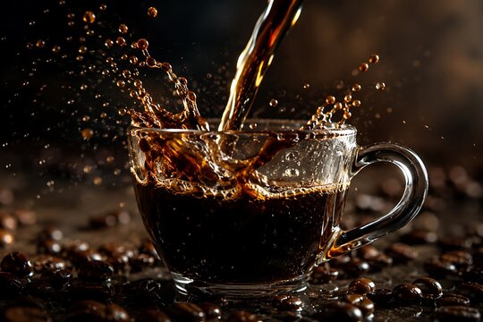 A dark, rich coffee is poured into a clear glass mug, creating a dramatic splash and surrounded by scattered coffee beans.