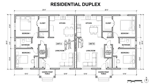 Architectural floor plan of a symmetrical residential duplex with two identical units and labeled rooms
