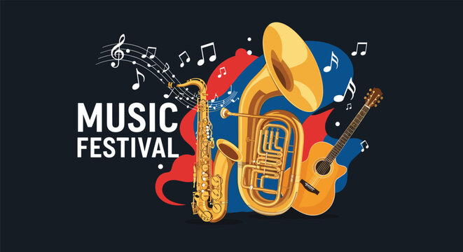 Music festival promotional graphic featuring a saxophone tuba and acoustic guitar with musical notes on a dark background.