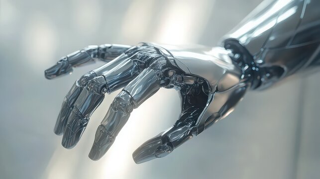 Close-up macro shot of robotic hand touching human skin texture in futuristic interaction