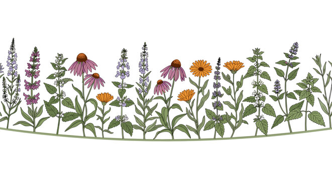 A hand-drawn botanical border of vibrant purple coneflowers and orange calendula flowers arranged in a horizontal line against a clean and solid white background setting.