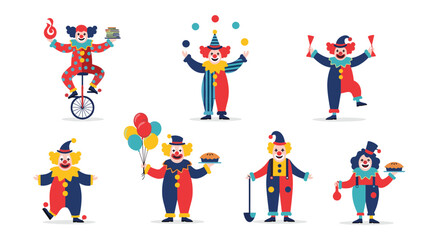 Fototapeta premium Colorful circus clowns performing various acts like juggling unicycling and holding balloons for entertainment.