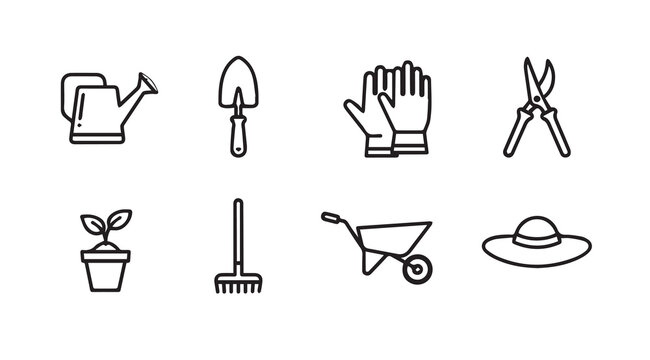 Gardening equipment icons including watering can trowel gloves shears seedling rake wheelbarrow and hat on white