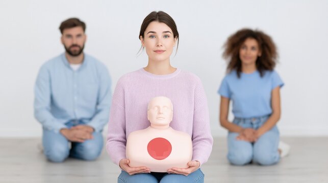 Woman holding CPR manikin during first aid training with diverse group in background. Emergency preparedness and medical education