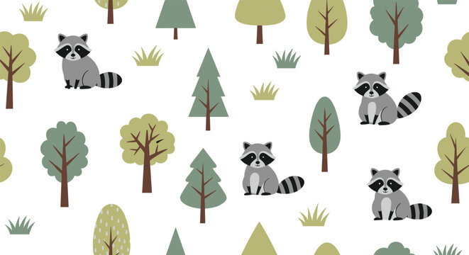 Cute forest seamless pattern featuring small raccoons and various types of green trees on a clean white background.