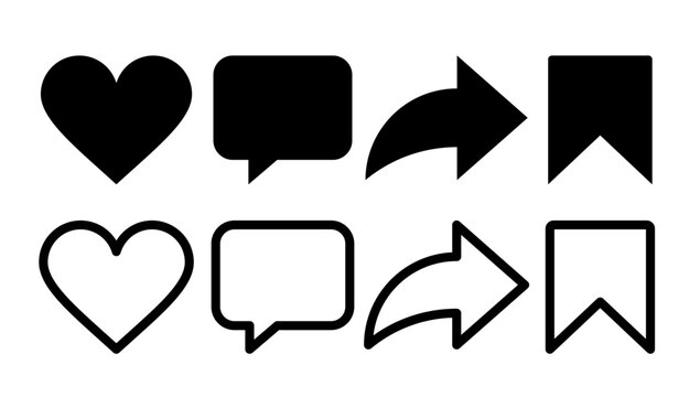 Set of social network icons. Like, comment, share and save symbols.