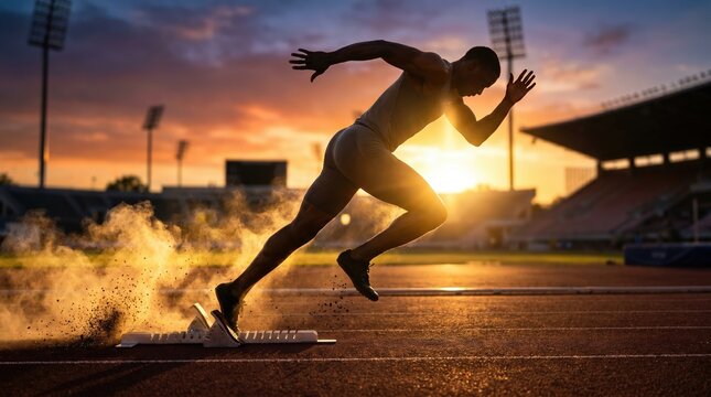 Male sprinter exploding from starting blocks on running track at sunset with dust splash in athletics stadium for competitive sports branding